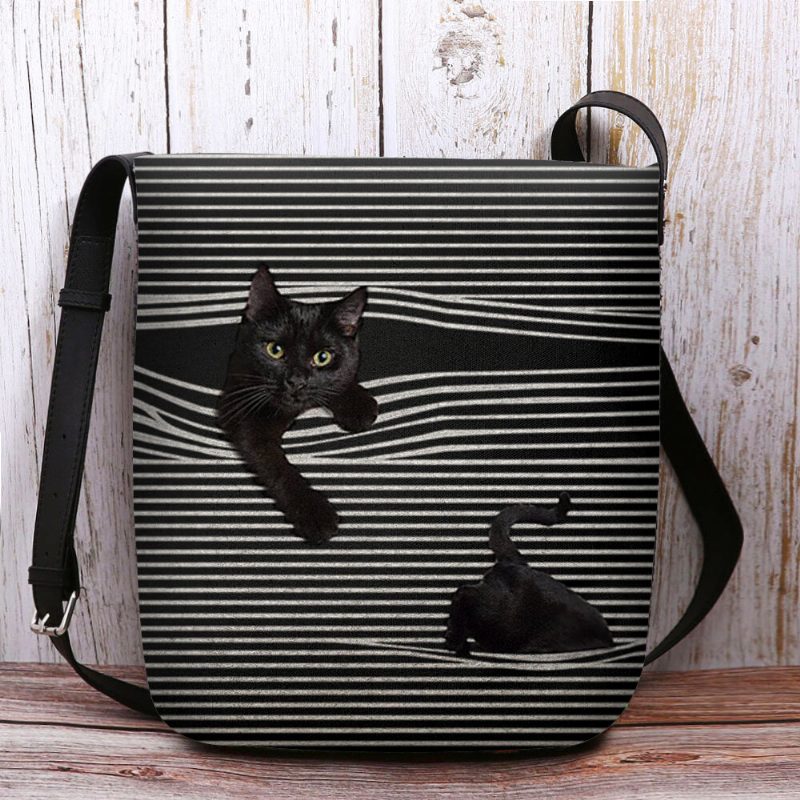 Kvinner Filt Stripemønster Tredimensjonal Vision Cat Print Skulderveske Crossbody Bag