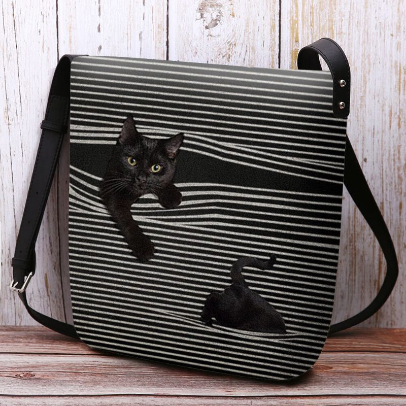 Kvinner Filt Stripemønster Tredimensjonal Vision Cat Print Skulderveske Crossbody Bag