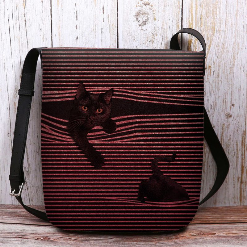 Kvinner Filt Stripemønster Tredimensjonal Vision Cat Print Skulderveske Crossbody Bag