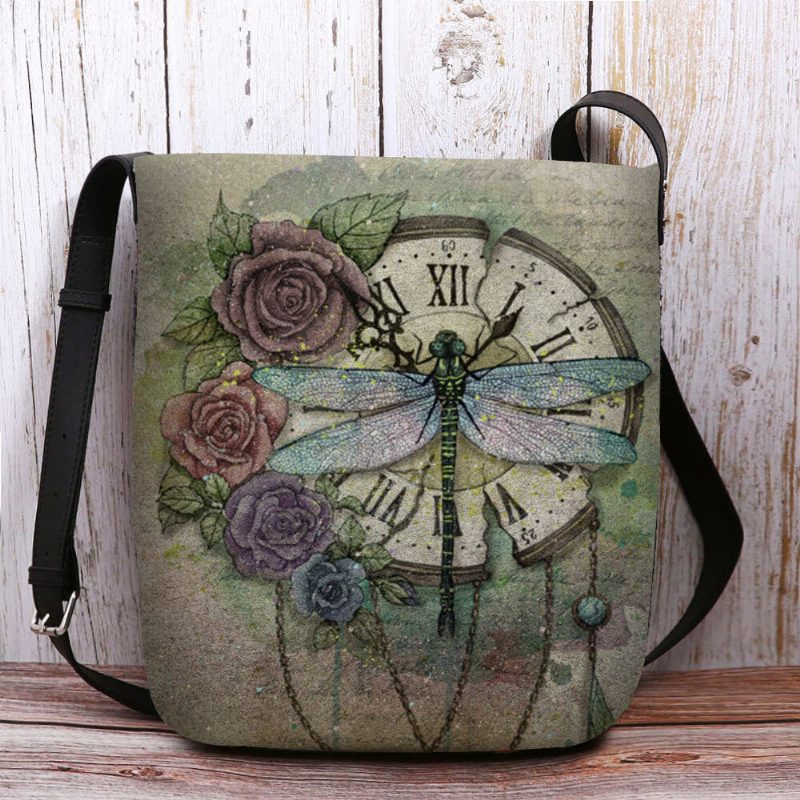 Kvinner Filt Uformell Vintage 3d Dragonfly Blomstertrykkmønster Crossbody Vesker Skulderveske