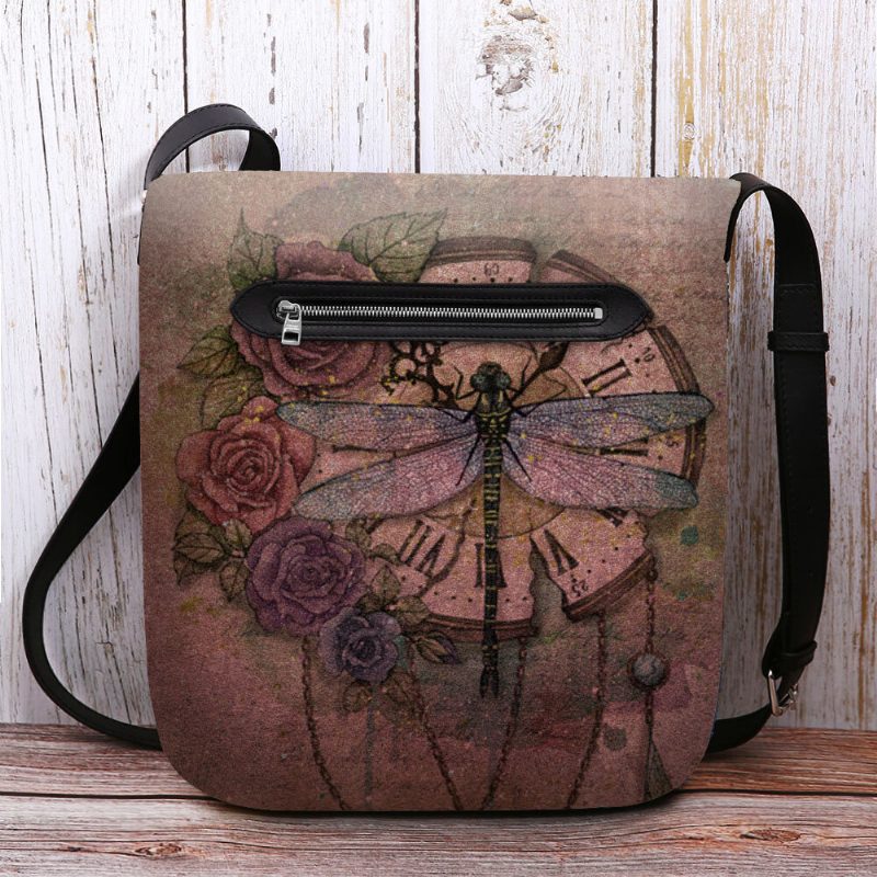 Kvinner Filt Uformell Vintage 3d Dragonfly Blomstertrykkmønster Crossbody Vesker Skulderveske