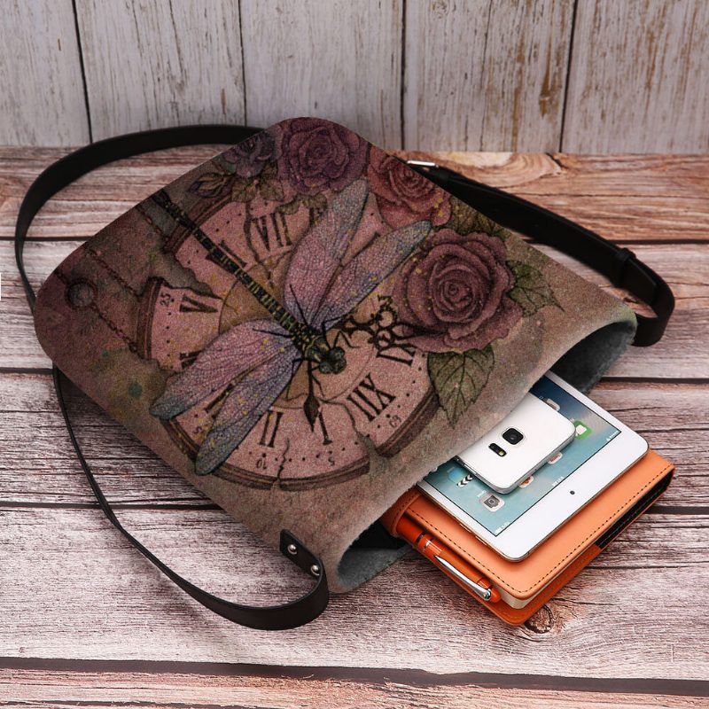 Kvinner Filt Uformell Vintage 3d Dragonfly Blomstertrykkmønster Crossbody Vesker Skulderveske