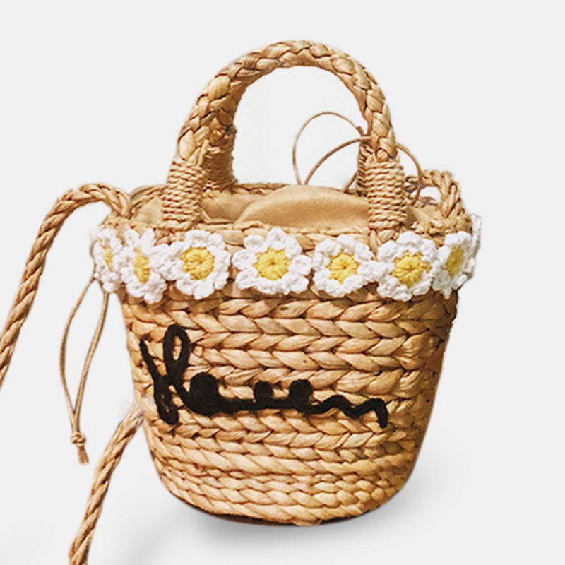 Kvinner Reise Daisy Beach Weave Straw Crossbody Vesker Bucket Bag