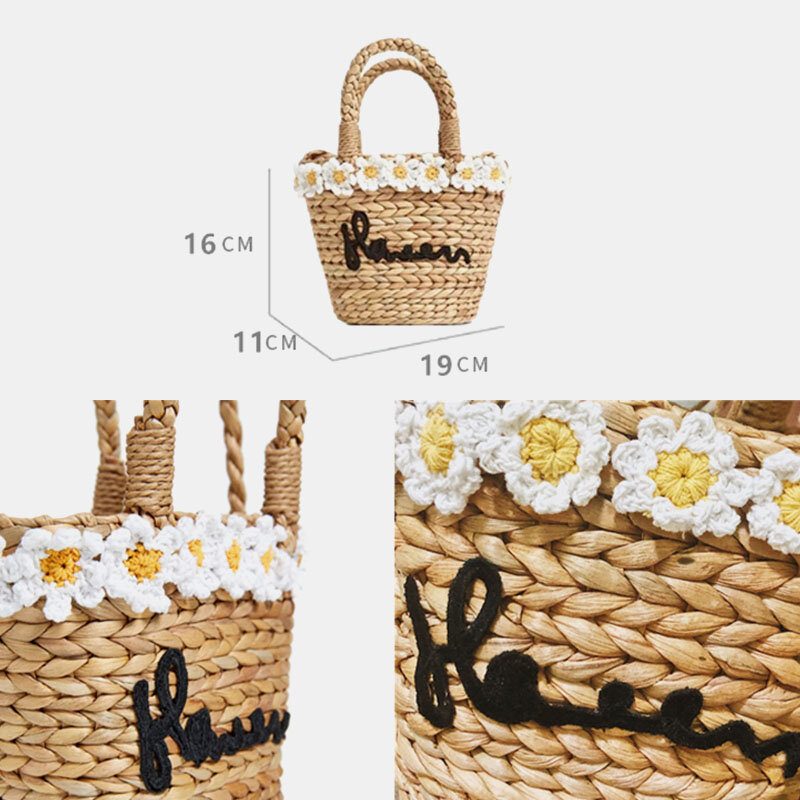 Kvinner Reise Daisy Beach Weave Straw Crossbody Vesker Bucket Bag