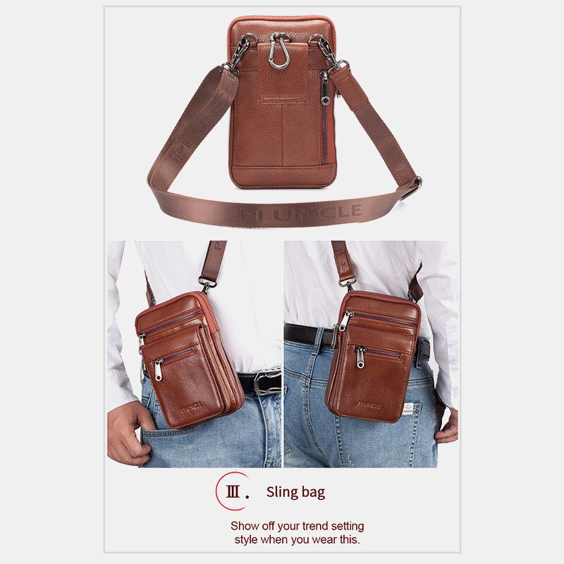 Menn Ekte Skinn Kuskinn Multi-bære Retro 7.2 Tommers Telefon Crossbody Vesker Henge Belte Vesker Midjeveske