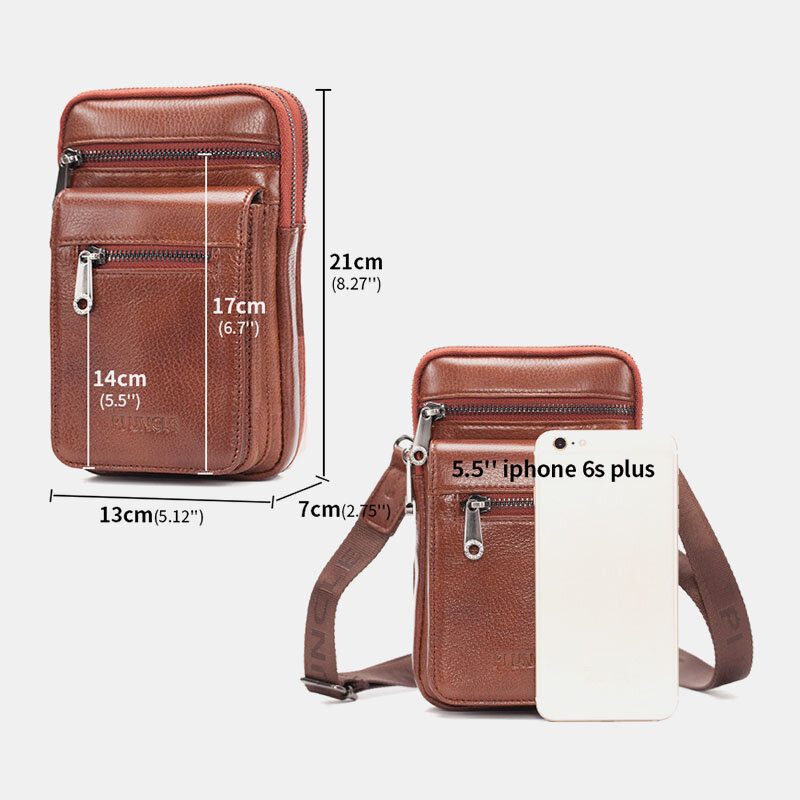 Menn Ekte Skinn Kuskinn Multi-bære Retro 7.2 Tommers Telefon Crossbody Vesker Henge Belte Vesker Midjeveske