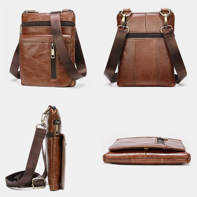 Menn Ekte Skinn Multi-lomme Casual Business 6.3 Tommers Telefonveske Crossbody-vesker Første Lag Kuskinn Skulderveske