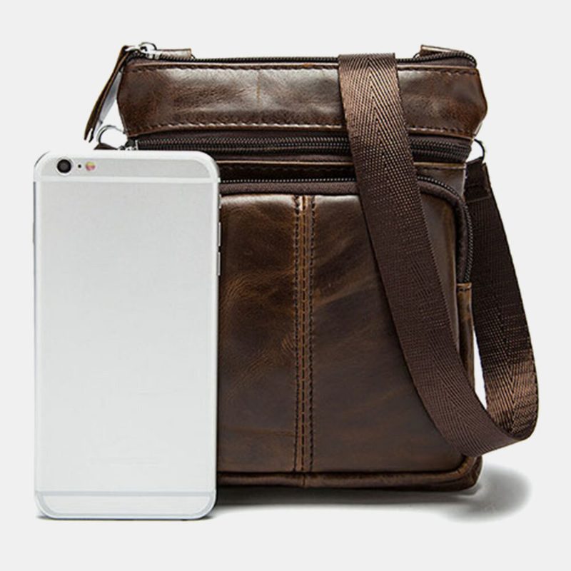 Menn Ekte Skinn Multi-lomme Casual Business 6.3 Tommers Telefonveske Crossbody-vesker Første Lag Kuskinn Skulderveske