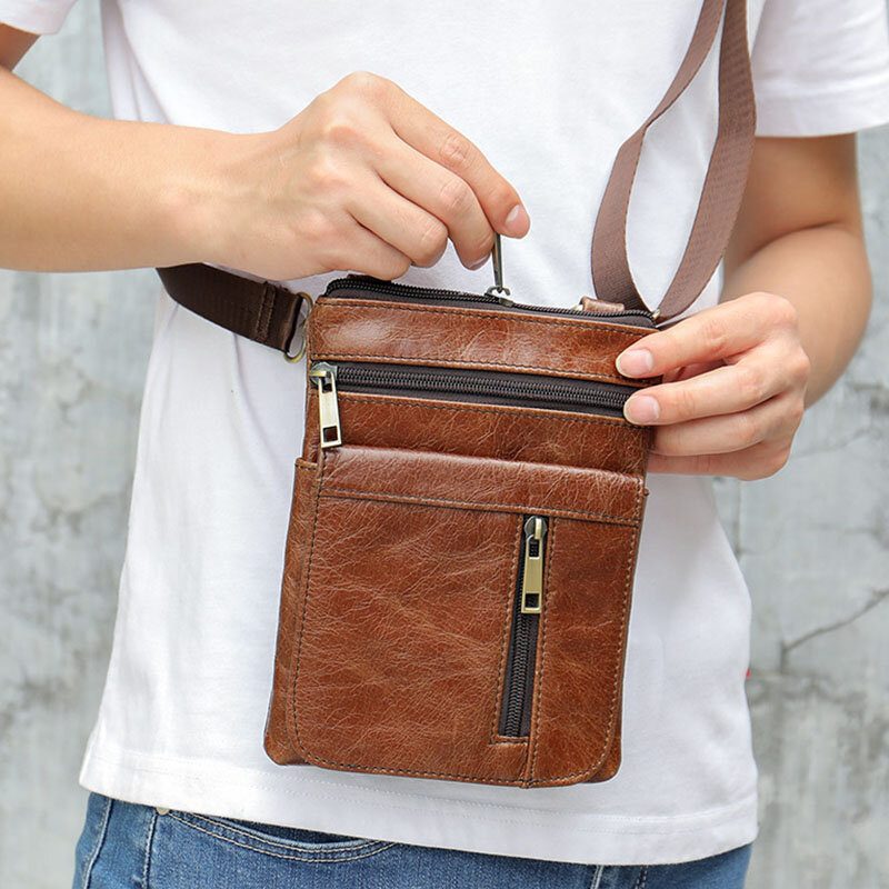 Menn Ekte Skinn Multi-lomme Casual Business 6.3 Tommers Telefonveske Crossbody-vesker Første Lag Kuskinn Skulderveske