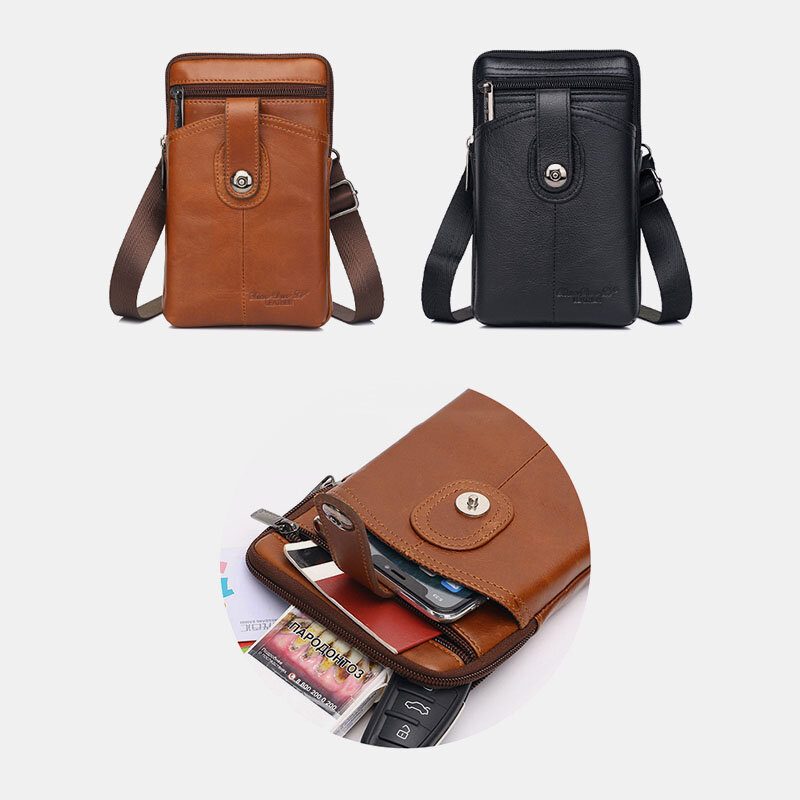 Menn Ekte Skinn Vintage Multifunksjonell 6.5 Tommers Glidelås Hasp Telefonveske Crossbody Vesker Midjeveske