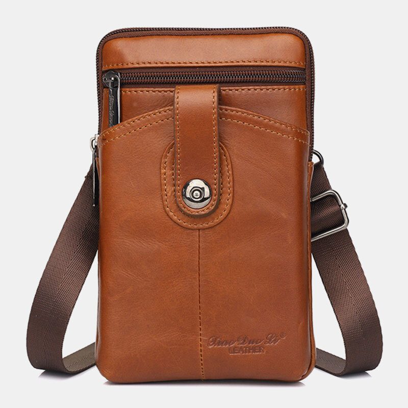 Menn Ekte Skinn Vintage Multifunksjonell 6.5 Tommers Glidelås Hasp Telefonveske Crossbody Vesker Midjeveske