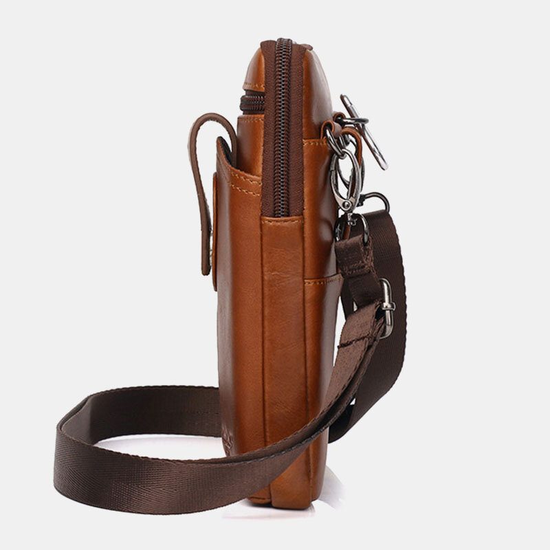 Menn Ekte Skinn Vintage Multifunksjonell 6.5 Tommers Glidelås Hasp Telefonveske Crossbody Vesker Midjeveske