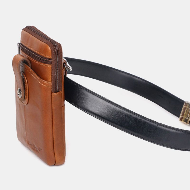 Menn Ekte Skinn Vintage Multifunksjonell 6.5 Tommers Glidelås Hasp Telefonveske Crossbody Vesker Midjeveske