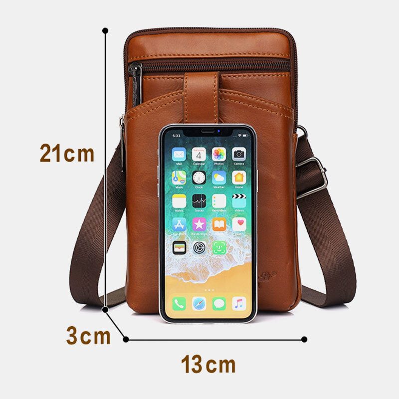 Menn Ekte Skinn Vintage Multifunksjonell 6.5 Tommers Glidelås Hasp Telefonveske Crossbody Vesker Midjeveske