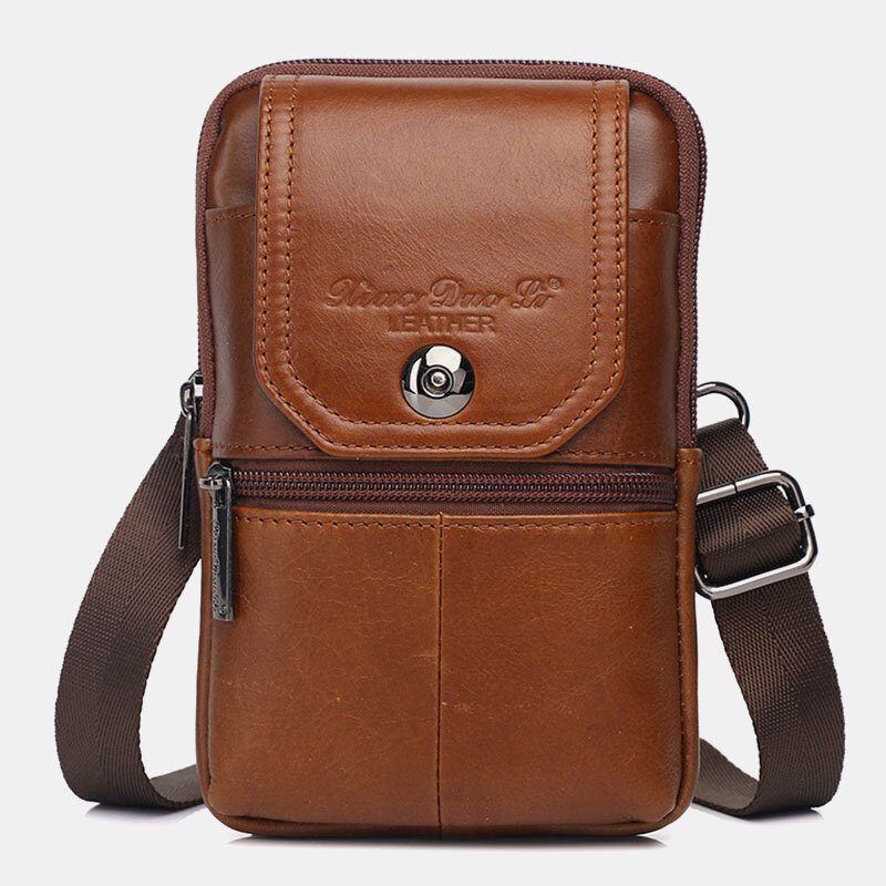 Menn Ekte Skinn Vintage Multikortspor 6.5 Tommers Mini Telefonveske Crossbody Vesker Midjeveske Kuskinnsveske