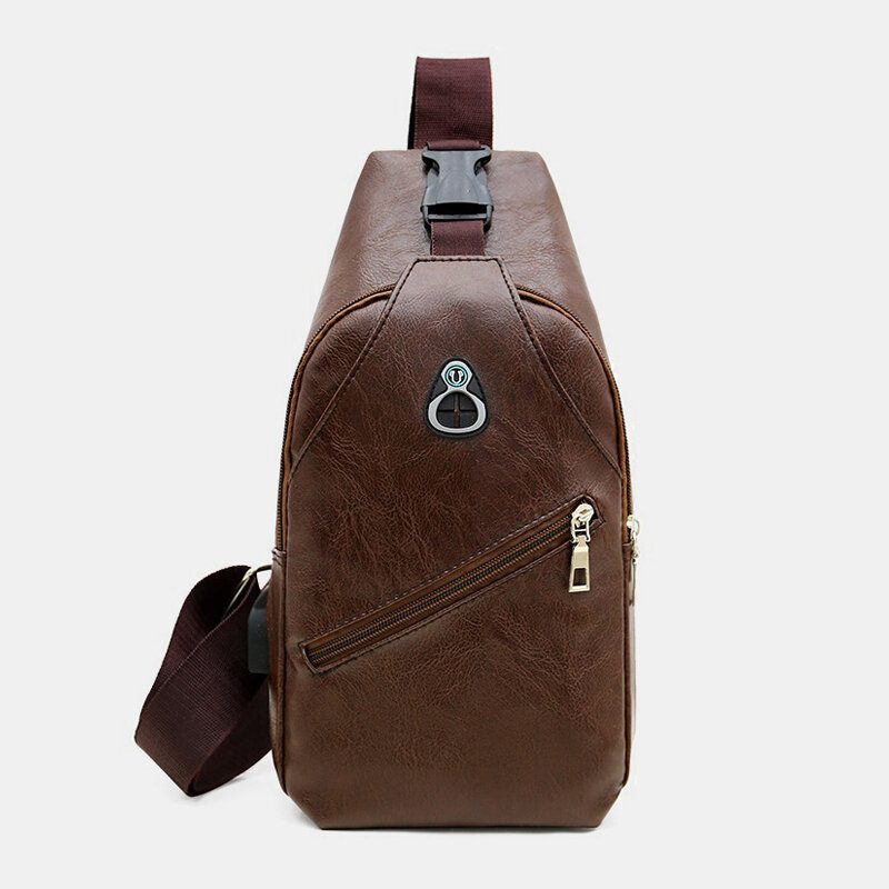 Menn Pu Leather Retro Business Brystveske Med Usb Lading Ungdomsskinn Skulderveske Cross Body Bag