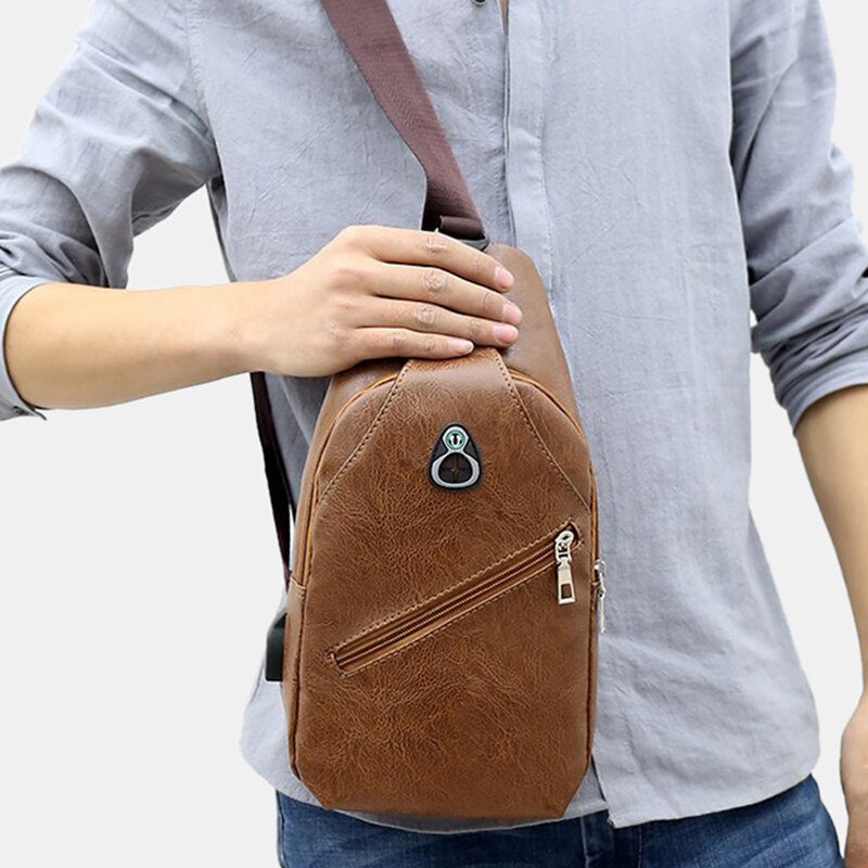 Menn Pu Leather Retro Business Brystveske Med Usb Lading Ungdomsskinn Skulderveske Cross Body Bag