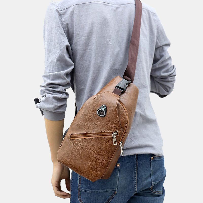 Menn Pu Leather Retro Business Brystveske Med Usb Lading Ungdomsskinn Skulderveske Cross Body Bag