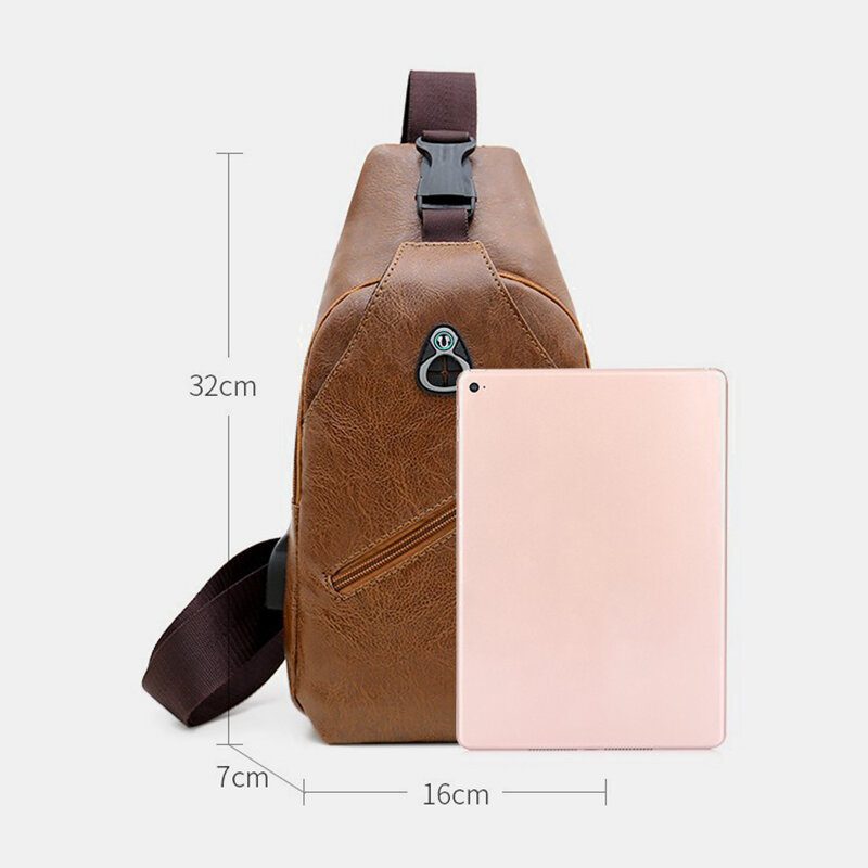 Menn Pu Leather Retro Business Brystveske Med Usb Lading Ungdomsskinn Skulderveske Cross Body Bag