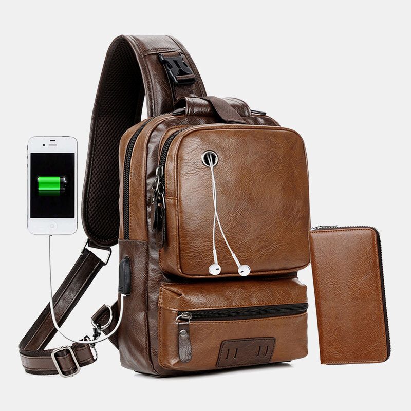 Menn Pu Skinn Vintage Multifunksjon Øretelefon Hull Usb Lading Crossbody Vesker Bryst Vesker Sling Bag