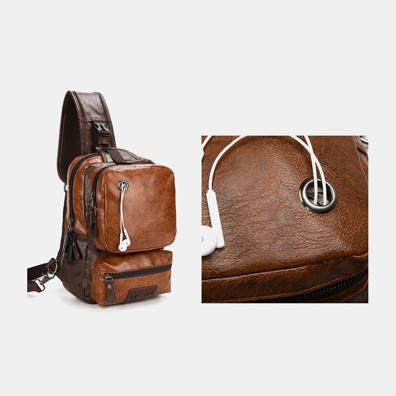 Menn Pu Skinn Vintage Multifunksjon Øretelefon Hull Usb Lading Crossbody Vesker Bryst Vesker Sling Bag