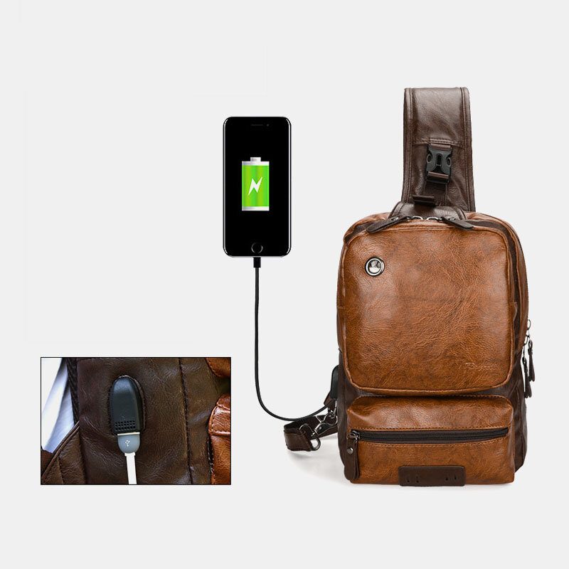 Menn Pu Skinn Vintage Multifunksjon Øretelefon Hull Usb Lading Crossbody Vesker Bryst Vesker Sling Bag