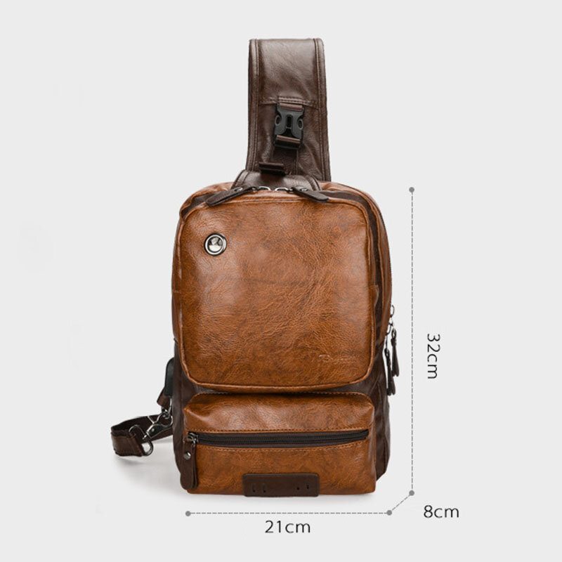 Menn Pu Skinn Vintage Multifunksjon Øretelefon Hull Usb Lading Crossbody Vesker Bryst Vesker Sling Bag