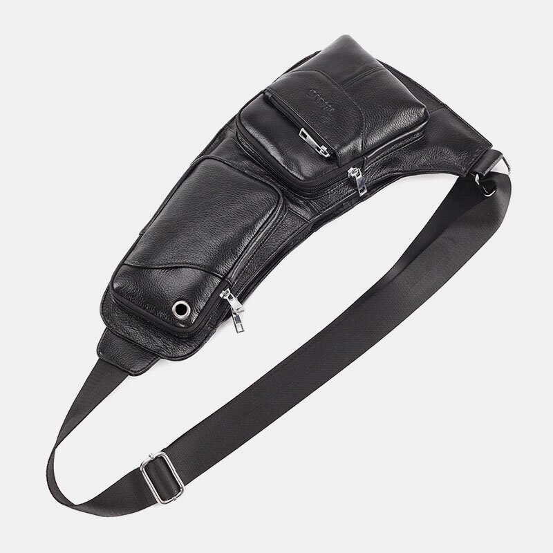 Menn Solid Ekte Lær Hodetelefonplugg Crossbody Vesker Brystveske Sling Bag