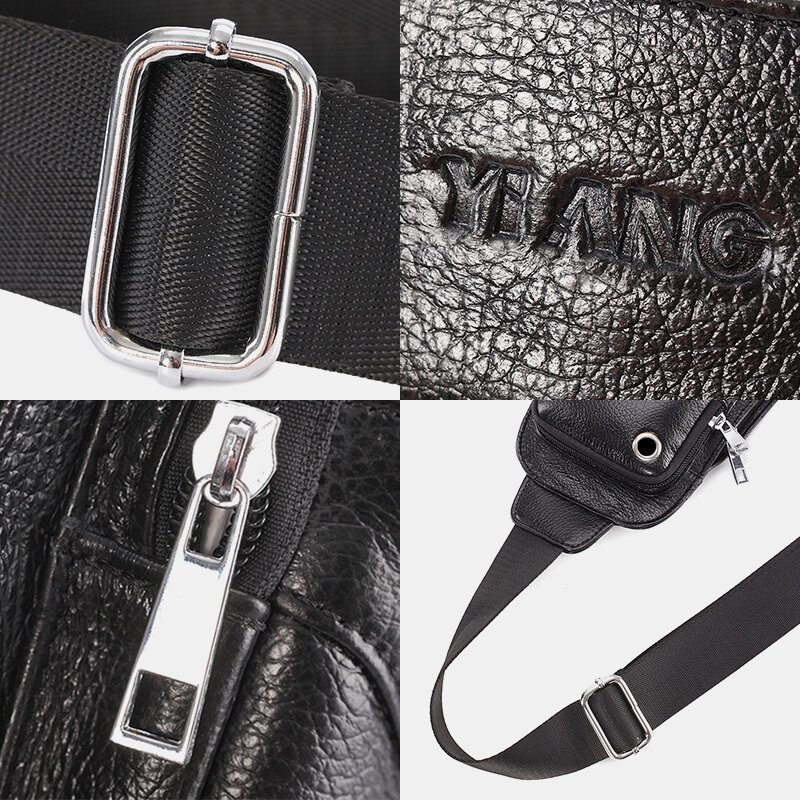 Menn Solid Ekte Lær Hodetelefonplugg Crossbody Vesker Brystveske Sling Bag