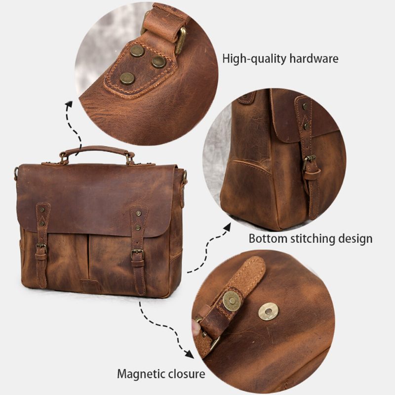 Menn Vintage Multifunksjon Med Stor Kapasitet Business Crossbody-veske Multi-lommet Pu Lær Håndveske Skulder Messenger Bag