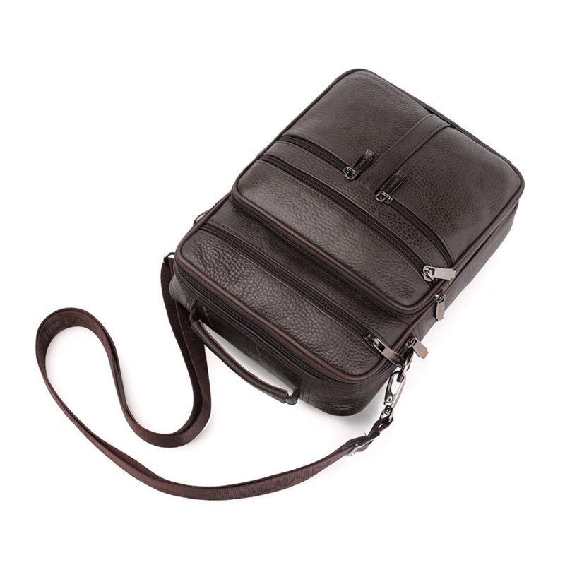 Multifunksjonell Crossbody-veske I Ekte Skinn For Menn Business Casual Multi-lomme Glidelås Skulder-crossbody-veske