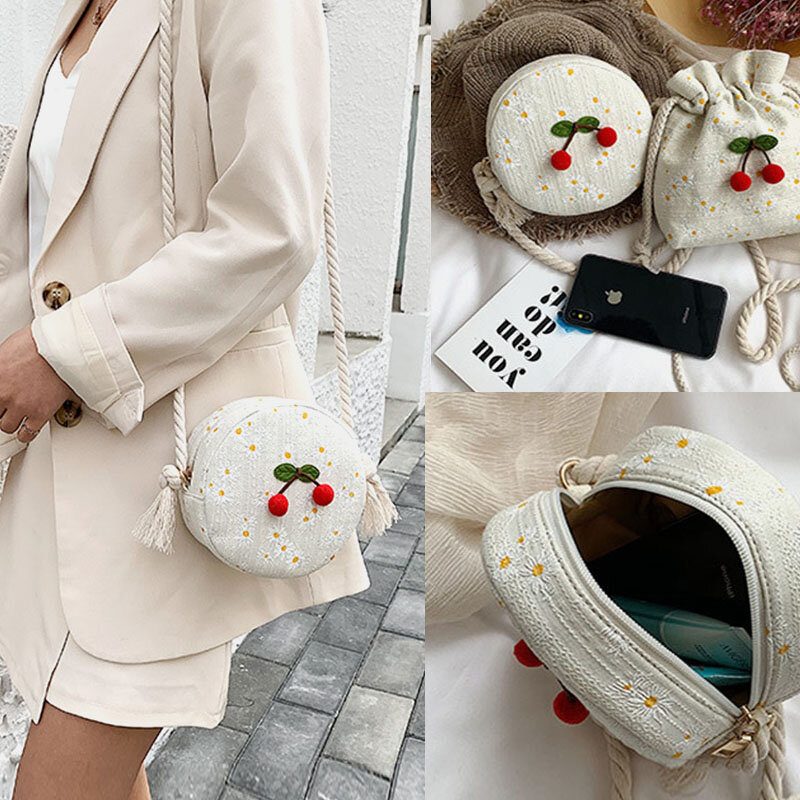 Summer Cherry Dotted Rund Straw Crossbody Vesker Skulderveske