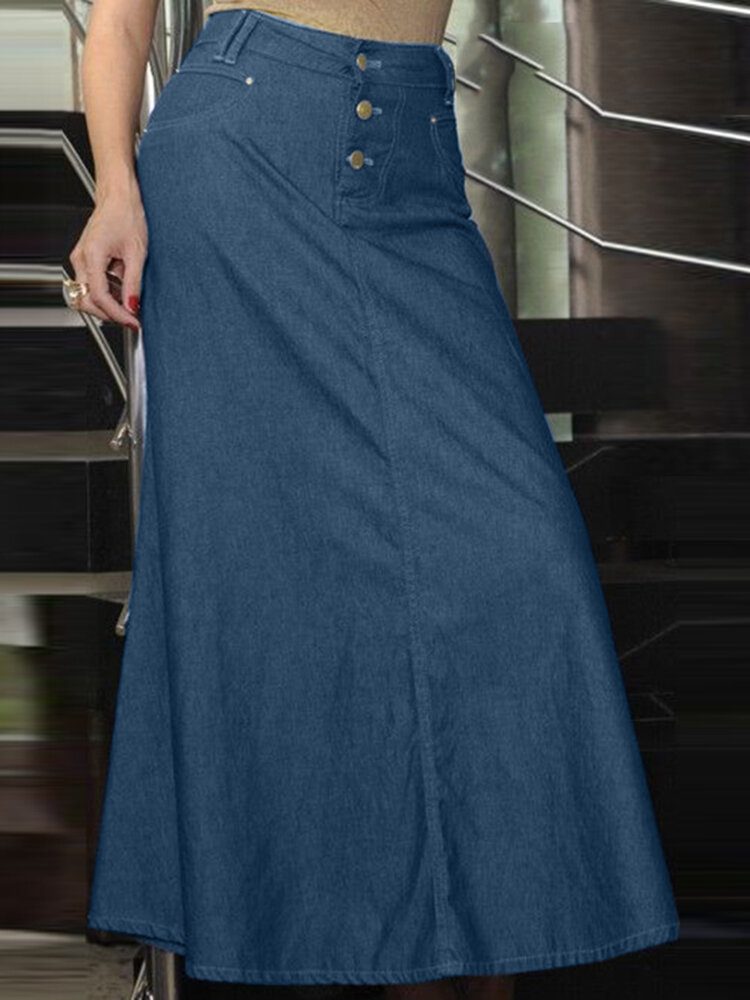 Fritidsknapp Casual Denim Maxi-skjørt