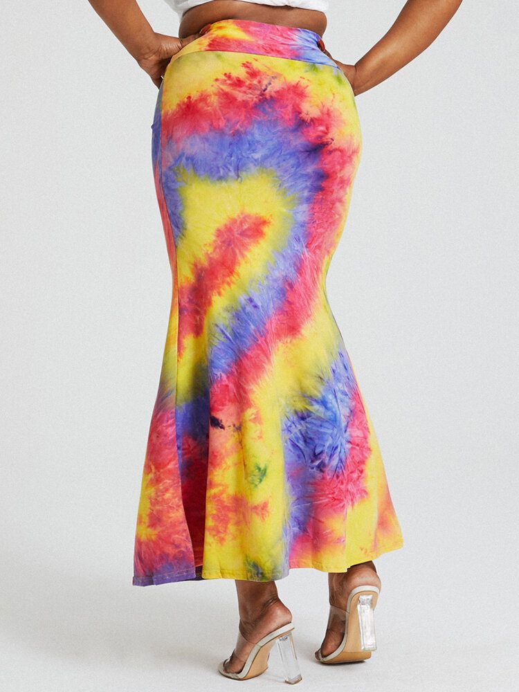 Tie Dye Print Høy Midje Rumpe Bodycon Langt Skjørt