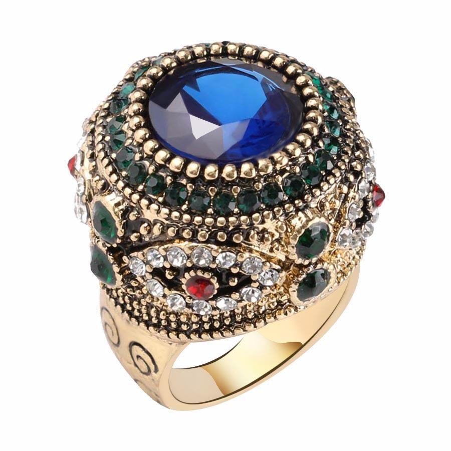 Bohemian Blue Rhinestone Fingerringer Etnisk Gullbelagte Runde Geometriske Ringsmykker For Kvinner