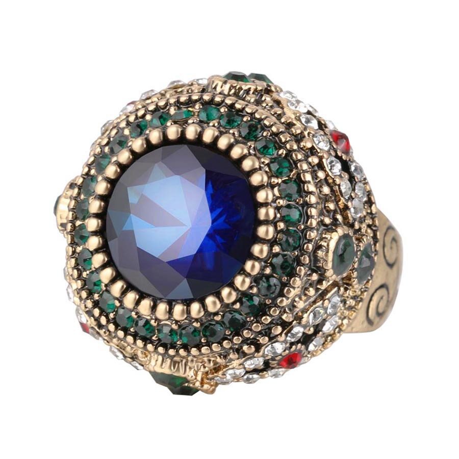 Bohemian Blue Rhinestone Fingerringer Etnisk Gullbelagte Runde Geometriske Ringsmykker For Kvinner