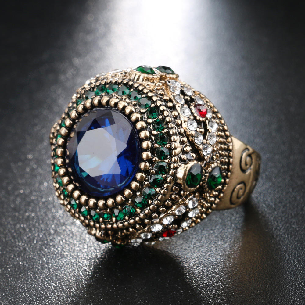 Bohemian Blue Rhinestone Fingerringer Etnisk Gullbelagte Runde Geometriske Ringsmykker For Kvinner