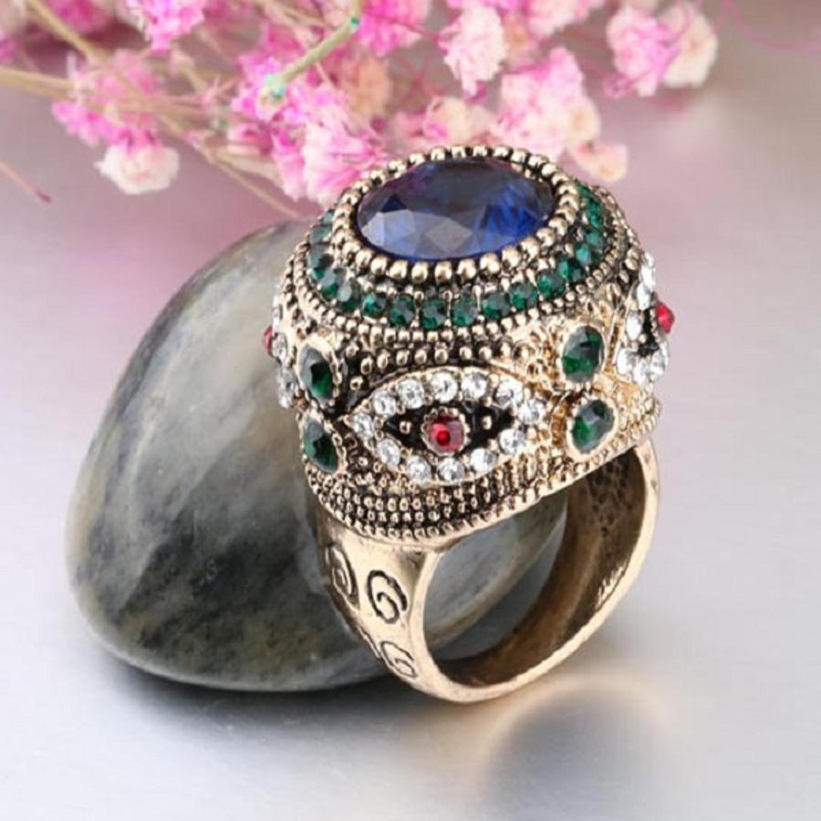 Bohemian Blue Rhinestone Fingerringer Etnisk Gullbelagte Runde Geometriske Ringsmykker For Kvinner