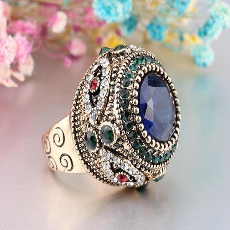 Bohemian Blue Rhinestone Fingerringer Etnisk Gullbelagte Runde Geometriske Ringsmykker For Kvinner