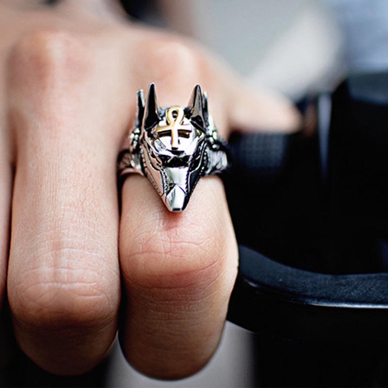 Punk Fingerring Titanium Stål Kors Anubis Hode Portrett Fingerringer Tilbehør Smykker For Menn