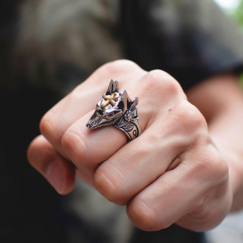 Punk Fingerring Titanium Stål Kors Anubis Hode Portrett Fingerringer Tilbehør Smykker For Menn