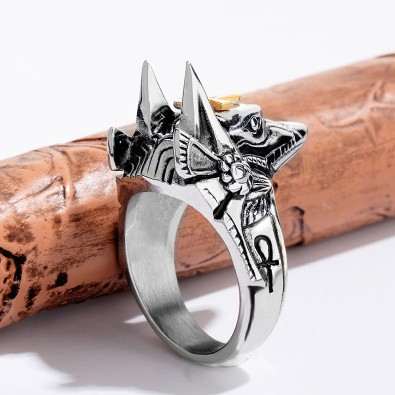 Punk Fingerring Titanium Stål Kors Anubis Hode Portrett Fingerringer Tilbehør Smykker For Menn