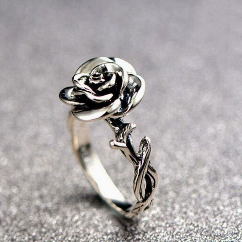 Sweet Flower Antique Silve Finger Rings Elegant Carced Rose Flower Ring Søt Jewerly For Girl Women