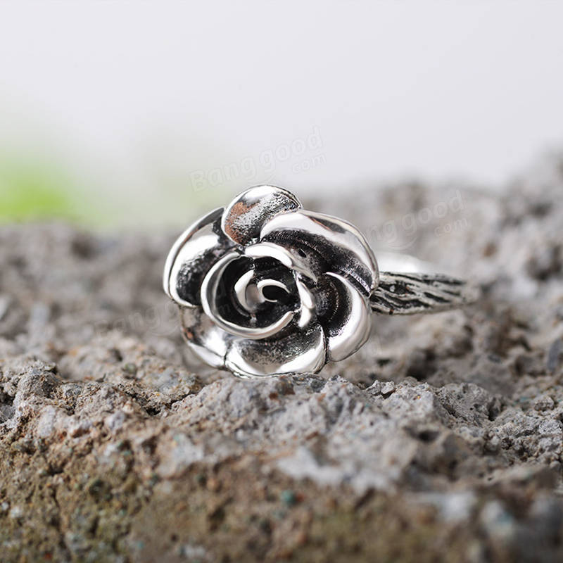 Sweet Flower Antique Silve Finger Rings Elegant Carced Rose Flower Ring Søt Jewerly For Girl Women