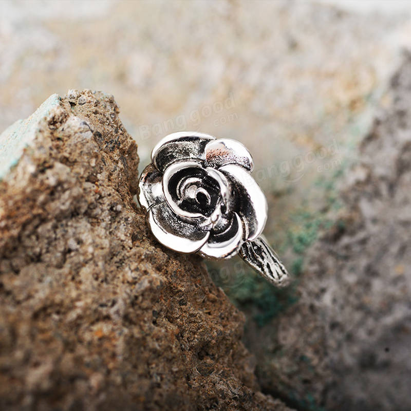 Sweet Flower Antique Silve Finger Rings Elegant Carced Rose Flower Ring Søt Jewerly For Girl Women