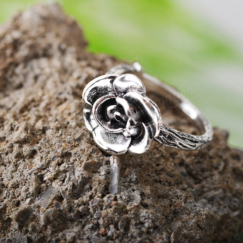 Sweet Flower Antique Silve Finger Rings Elegant Carced Rose Flower Ring Søt Jewerly For Girl Women