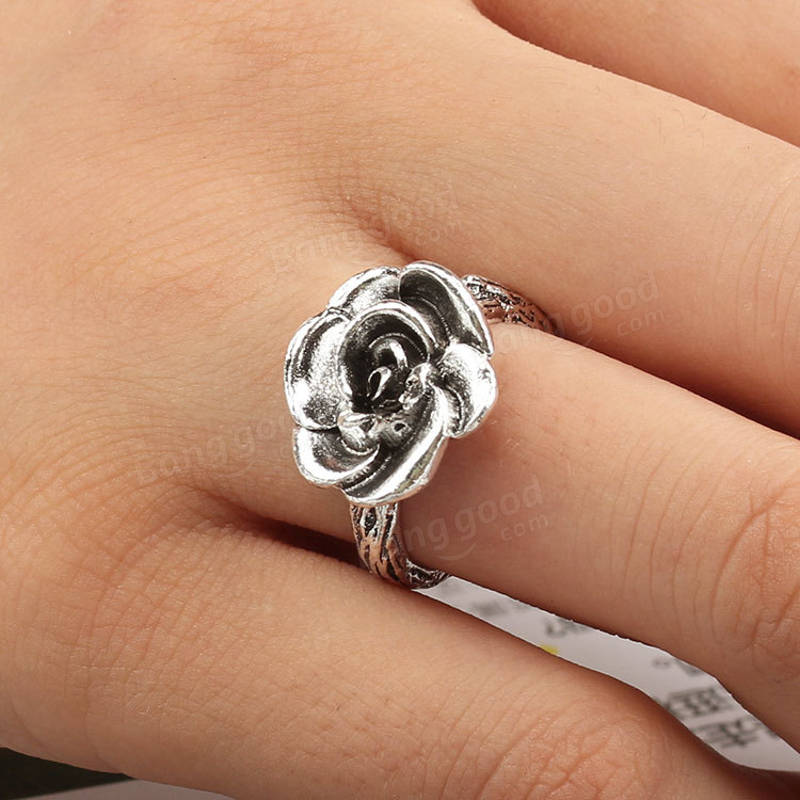 Sweet Flower Antique Silve Finger Rings Elegant Carced Rose Flower Ring Søt Jewerly For Girl Women