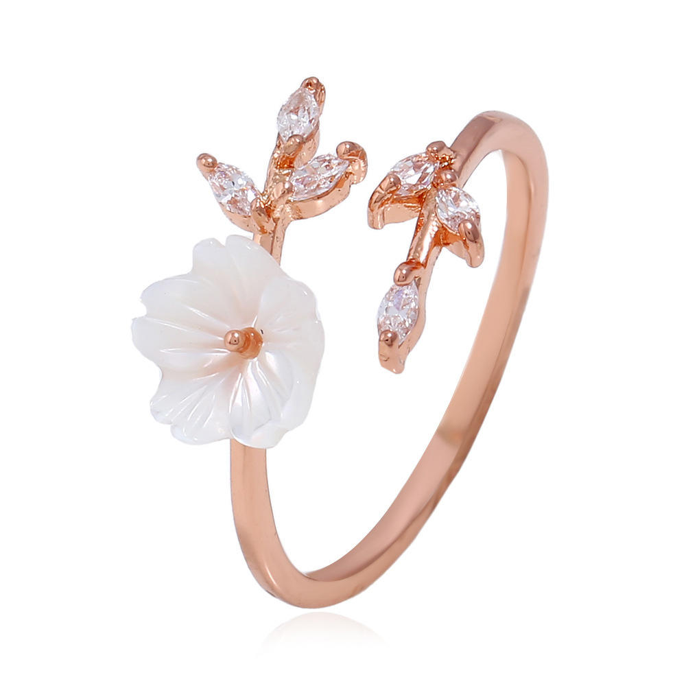 Trendy Delikat Zirconia Krystallring Bladskall Blomst Rose Gull Åpne Ringer For Kvinner Jente