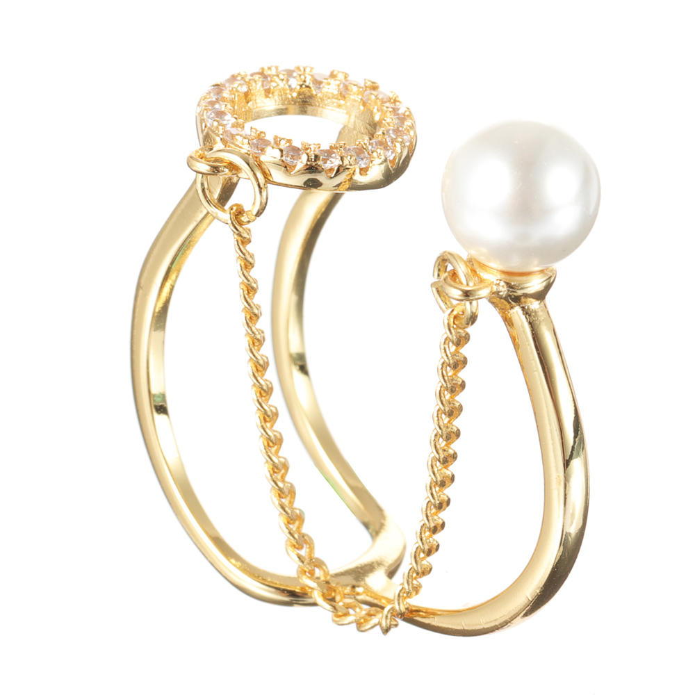 Trendy Open End Ring 18k Gullbelagt Zirconia Rund Perlering For Kvinner