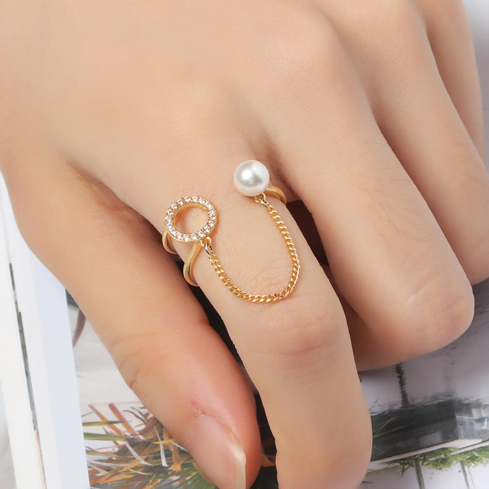 Trendy Open End Ring 18k Gullbelagt Zirconia Rund Perlering For Kvinner